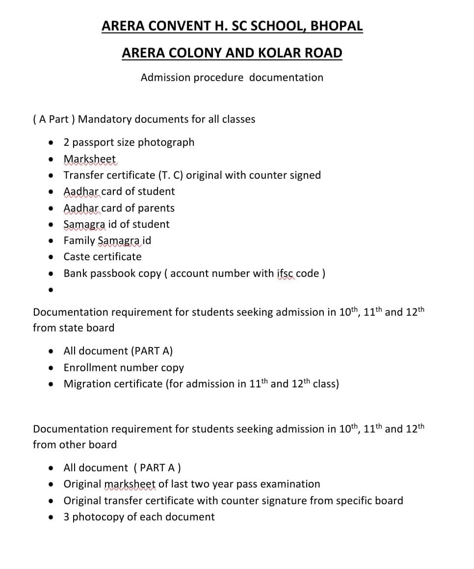 arera convent school admission documents requirement